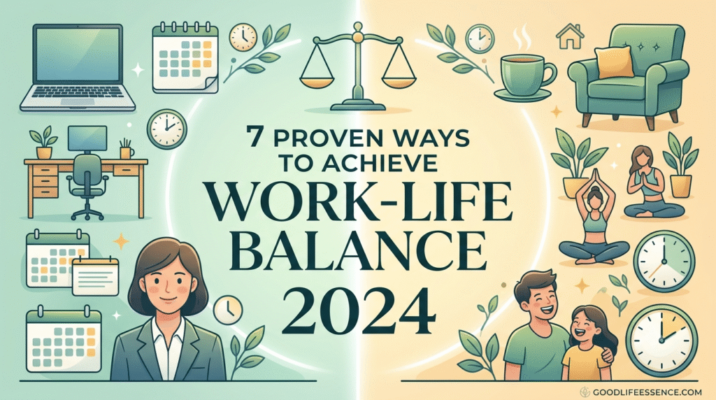 A stylized banner image with a calm green and blue gradient background features the clean typography text: '7 PROVEN WAYS TO ACHIEVE WORK-LIFE BALANCE IN 2024'. Illustrated icons depicting harmony—such as a balanced scale, a clock with gears, a family enjoying time, and a professional person with an organized desk and a laptop—are integrated around the title. A small, elegant leaf and water drop motif is visible next to the '2024' marker, with a placeholder for the website goodlifeessence.com.