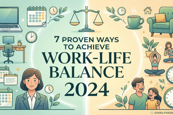A stylized banner image with a calm green and blue gradient background features the clean typography text: '7 PROVEN WAYS TO ACHIEVE WORK-LIFE BALANCE IN 2024'. Illustrated icons depicting harmony—such as a balanced scale, a clock with gears, a family enjoying time, and a professional person with an organized desk and a laptop—are integrated around the title. A small, elegant leaf and water drop motif is visible next to the '2024' marker, with a placeholder for the website goodlifeessence.com.
