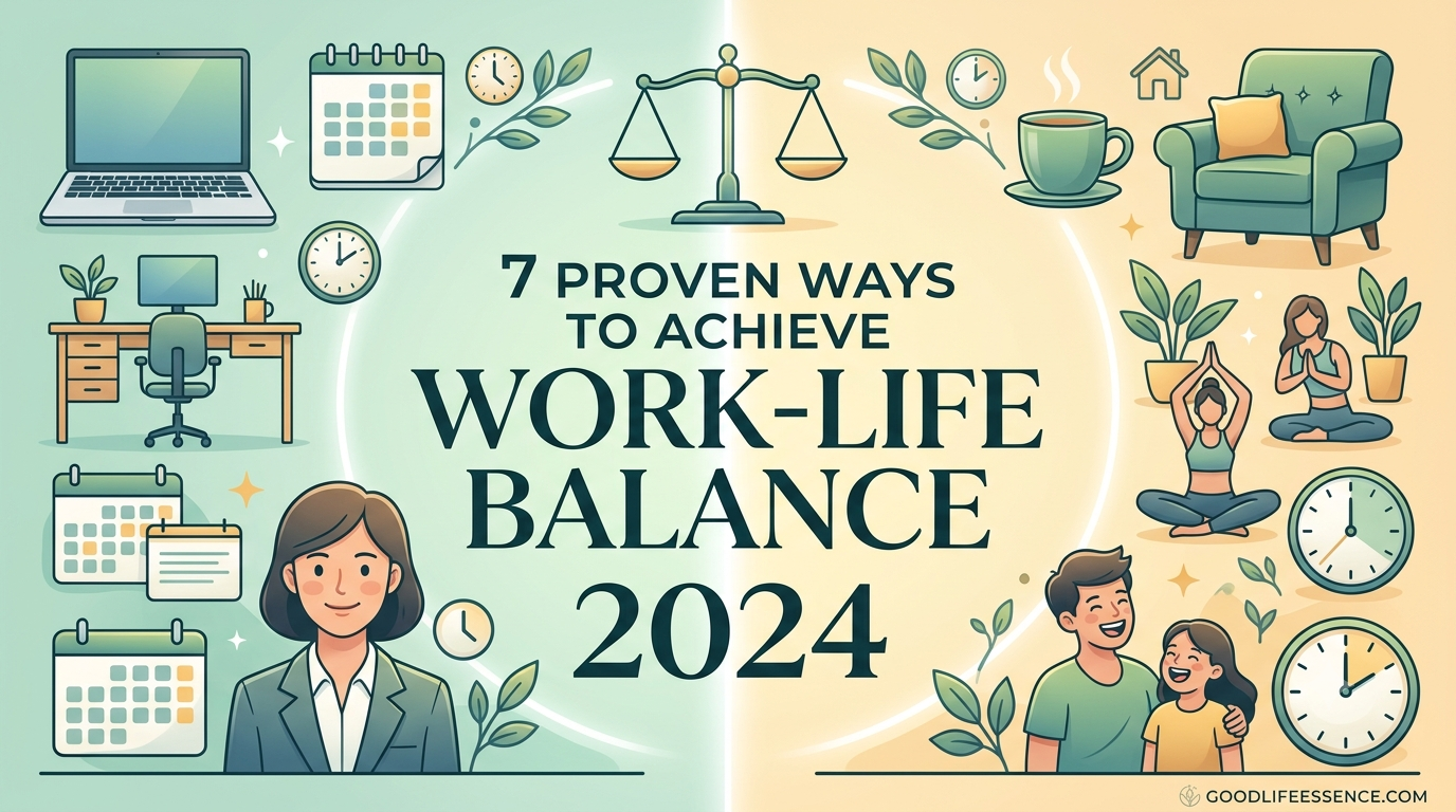 A stylized banner image with a calm green and blue gradient background features the clean typography text: '7 PROVEN WAYS TO ACHIEVE WORK-LIFE BALANCE IN 2024'. Illustrated icons depicting harmony—such as a balanced scale, a clock with gears, a family enjoying time, and a professional person with an organized desk and a laptop—are integrated around the title. A small, elegant leaf and water drop motif is visible next to the '2024' marker, with a placeholder for the website goodlifeessence.com.