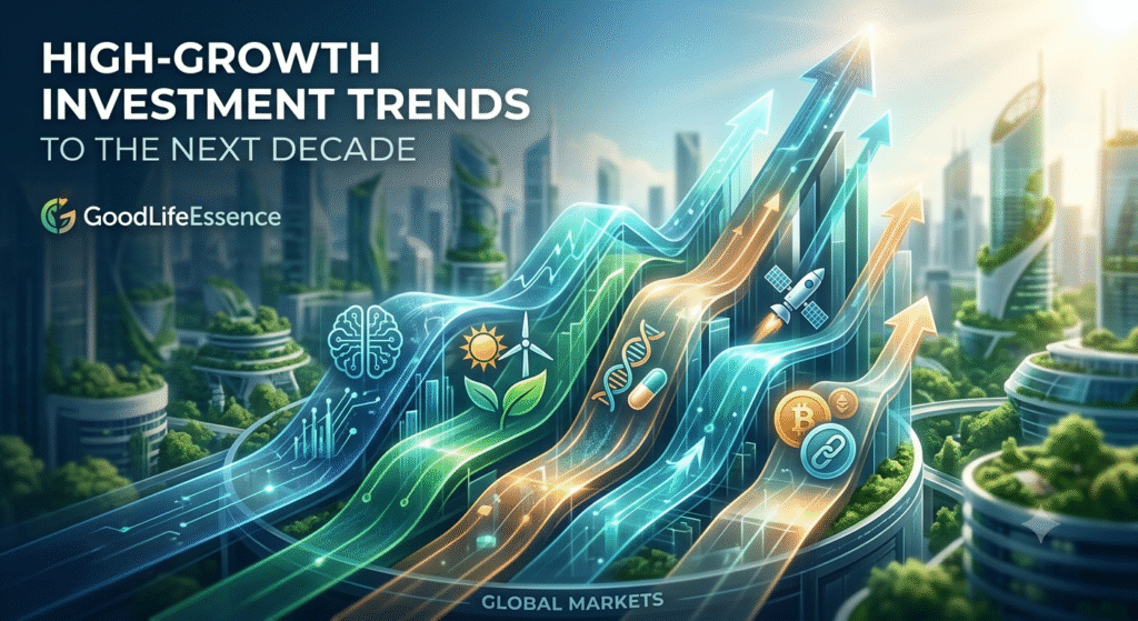 A modern digital illustration of upward-trending, glowing pathways that merge technology, sustainability, and innovative sectors. This dynamic visual represents the converging market forces that will drive significant growth over the next ten years.