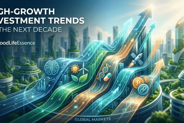 A modern digital illustration of upward-trending, glowing pathways that merge technology, sustainability, and innovative sectors. This dynamic visual represents the converging market forces that will drive significant growth over the next ten years.
