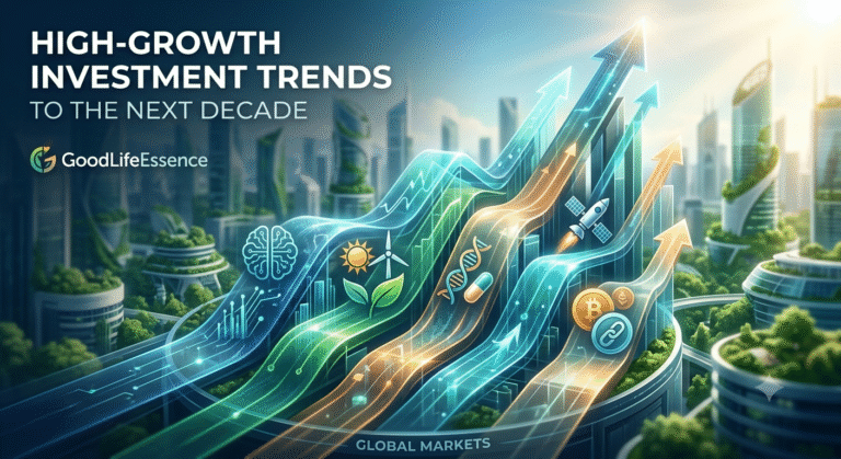 A modern digital illustration of upward-trending, glowing pathways that merge technology, sustainability, and innovative sectors. This dynamic visual represents the converging market forces that will drive significant growth over the next ten years.