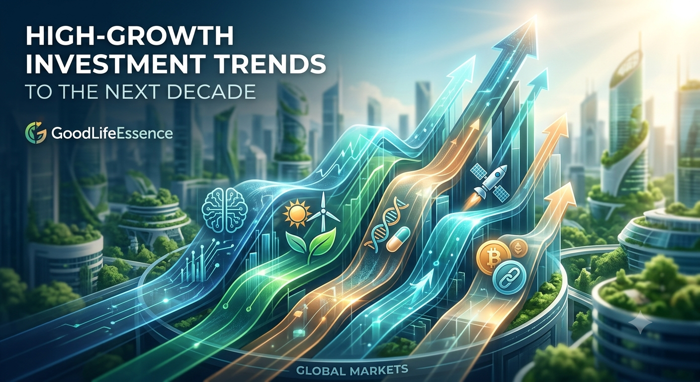 A modern digital illustration of upward-trending, glowing pathways that merge technology, sustainability, and innovative sectors. This dynamic visual represents the converging market forces that will drive significant growth over the next ten years.