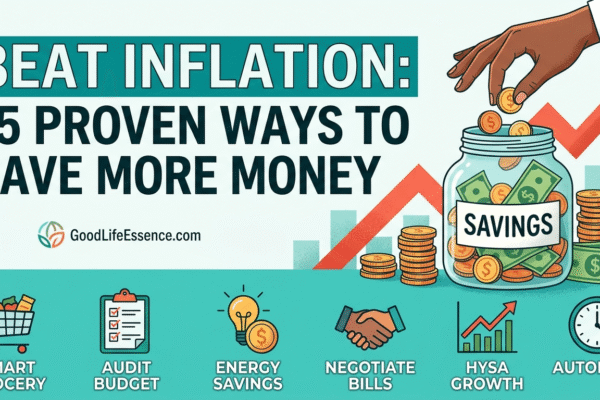 A stylized blog header image titled "BEAT INFLATION: 15 PROVEN WAYS TO SAVE MORE MONEY" against a background of rising charts and money icons. The image highlights smart tips for budgeting and saving.
