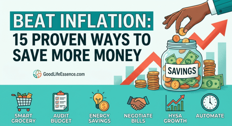 A stylized blog header image titled "BEAT INFLATION: 15 PROVEN WAYS TO SAVE MORE MONEY" against a background of rising charts and money icons. The image highlights smart tips for budgeting and saving.